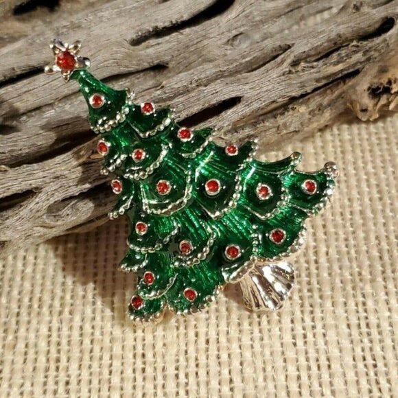 Red Green Silver Enamel and Rhinestone Christmas Holiday Tree Brooch Sweater Pin - Picture 2 of 6